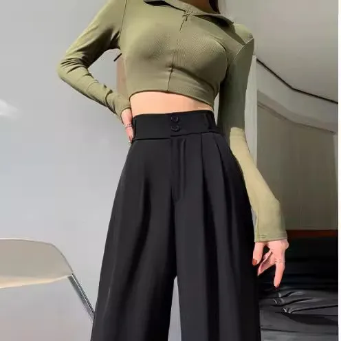 Witte wijde pijpen pakbroek dames hoge taille vloerlengte losse pasvorm casual broek met rechte pijpen dubbele blauwe lange broek