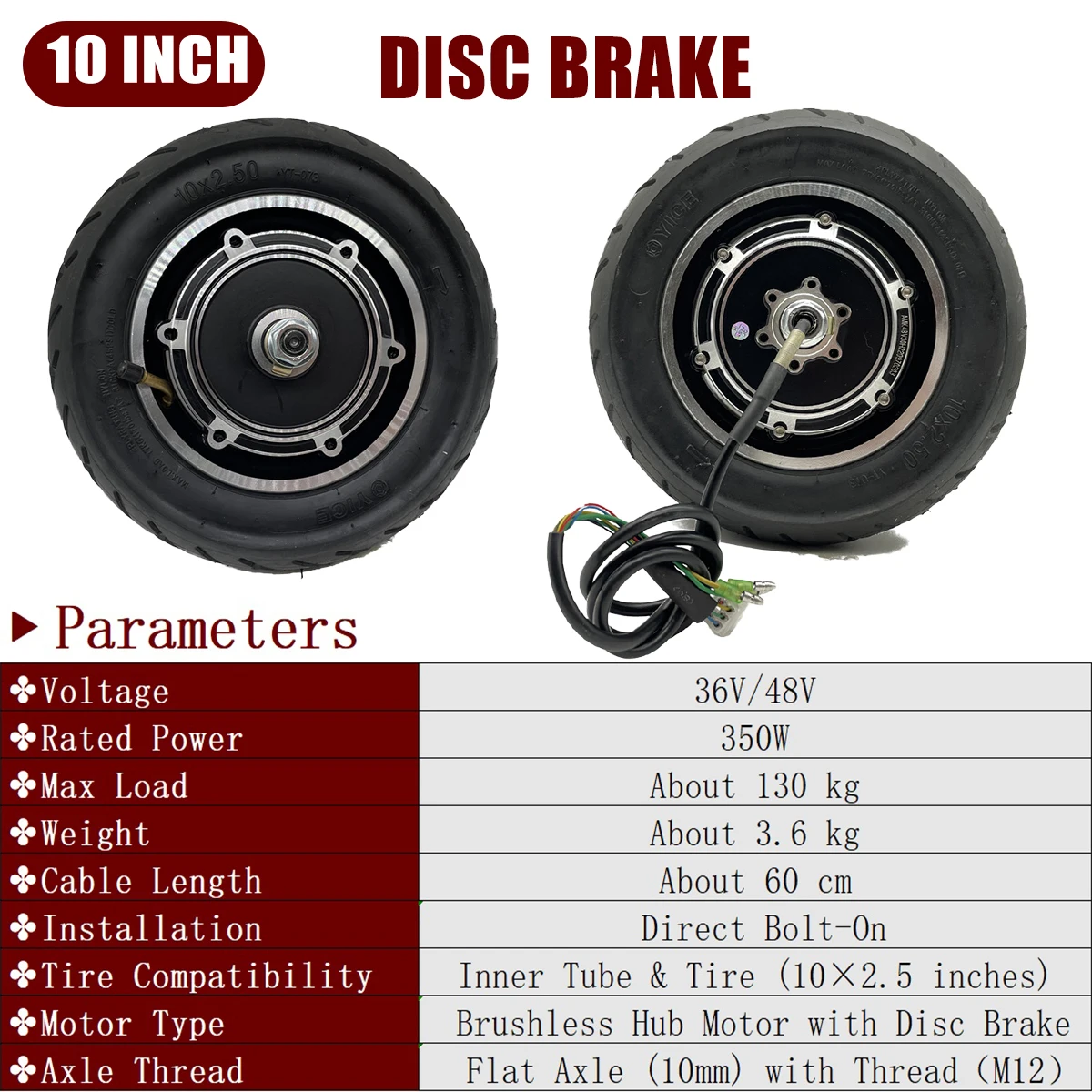 10in Electric Scooter Hub Motor 36V 48V 350W Brushless Hub Motor for Electric Scooter Conversion Kit Disc Brake Rear Wheel