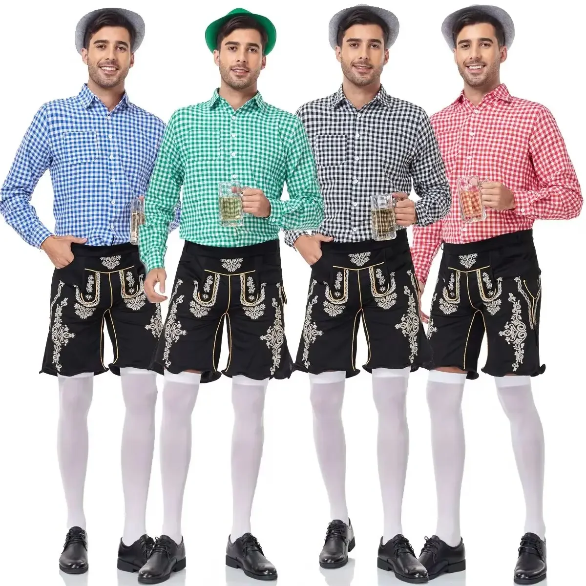 

Men's German Traditional Oktoberfest Beer Dress Plaid Shirt With Beer Suspenders Suit - Festive Party Wear