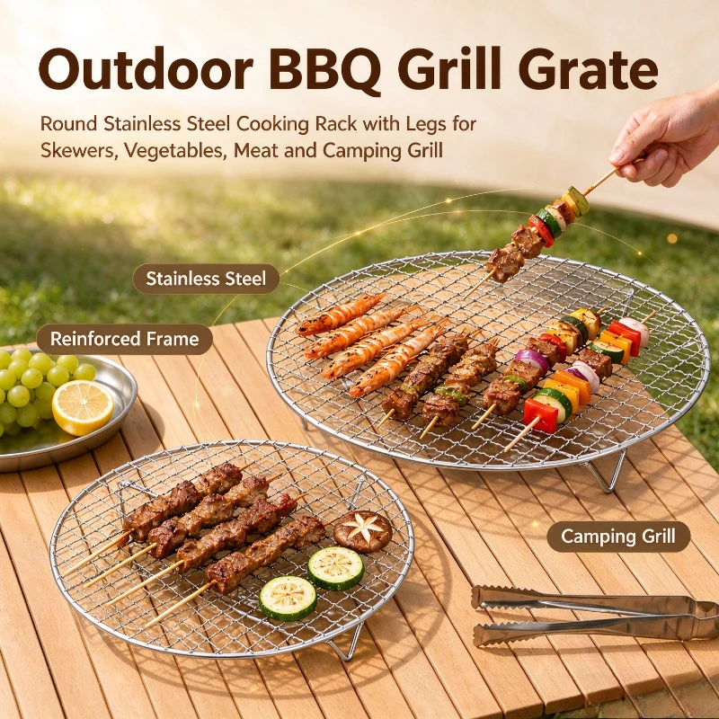 1PC Round Stainless Steel Outdoor Grill Rack With Legs Air Fryer Oil Drain Mesh Steaming Rack Bbq Grid For Oven Meat Roasting