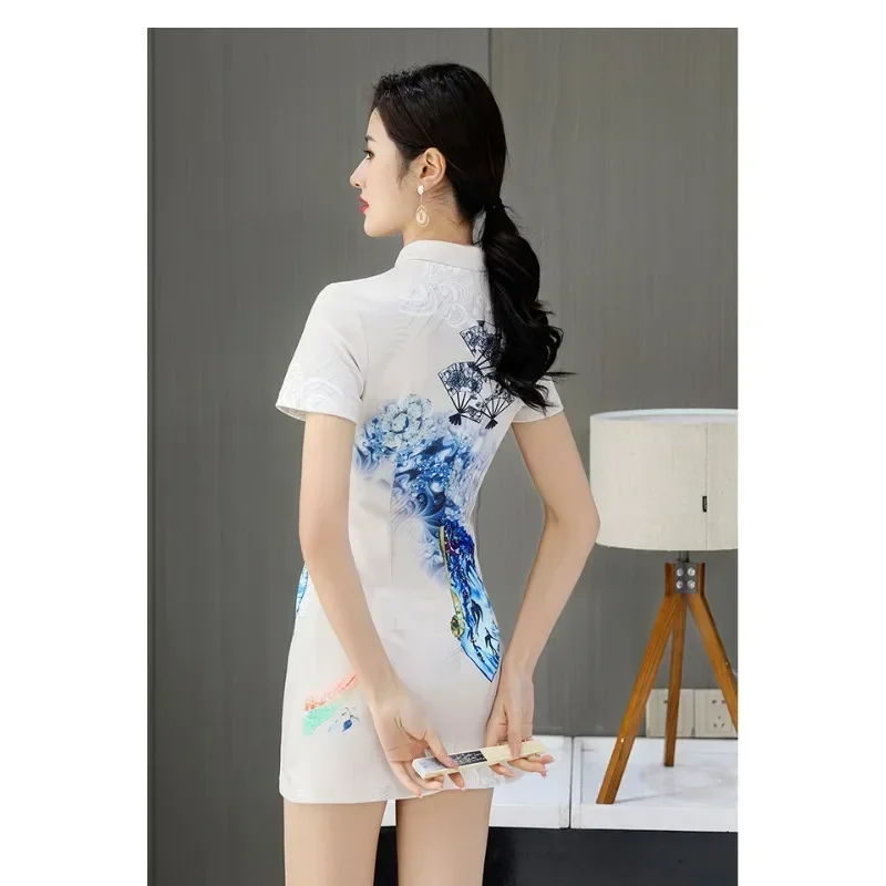 White Printed Elegant Classical Cheongsam Dress Stand Collar Chinese Style Vintage  Dress Sexy Asymmetrical Mini Dress Women