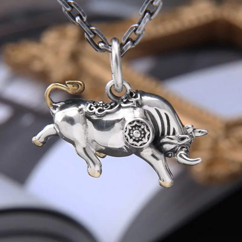 BOCAI NEW S925 Pure Silver Retro Personality Soaring Bull Aura Bull Pendant Men's Gift