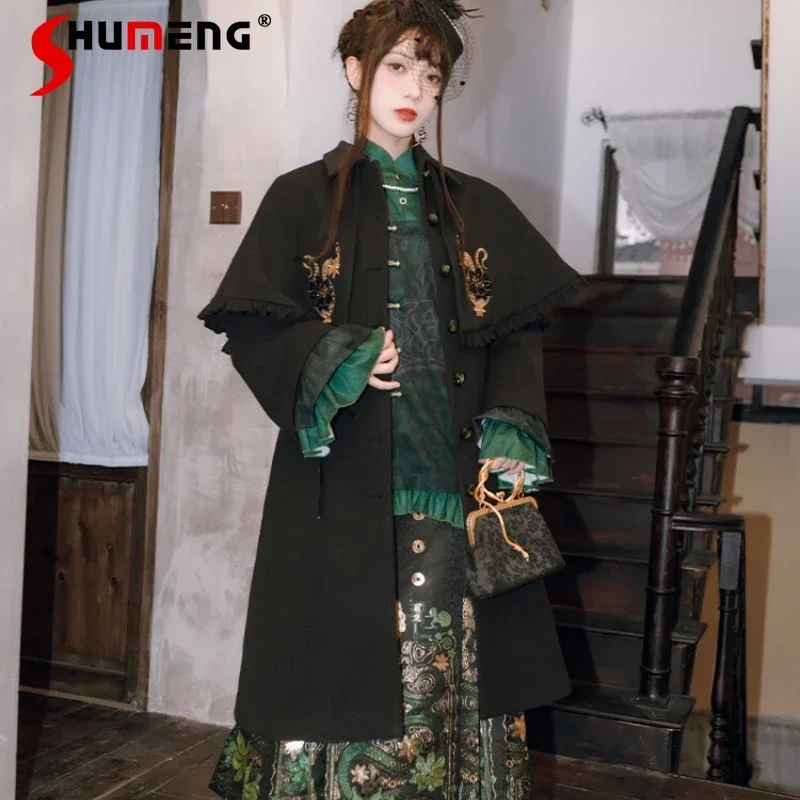 Japanese Style Black Embroidered Wool Jacket Cape Two-piece Set Medium And Long Single-breasted Hanfu Coat For Women's Clothes