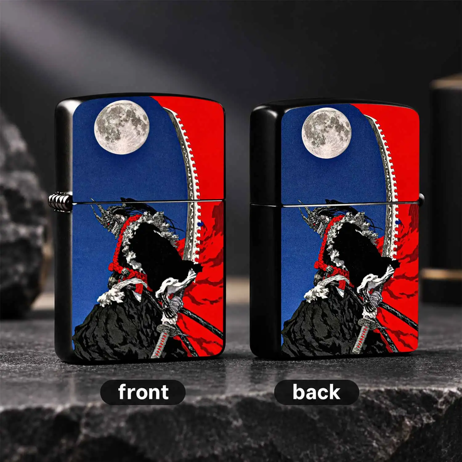 Japanese Oni Samurai Themed Lighter Ukiyo-E Full Moon Red Night Art Stylish Portable Igniter Versatile Daily Outdoor Use Ideal Gift For Hobbyists Collectors Multi-Scene Practical Trendy Accessory A Humorous And Interesting Lighter