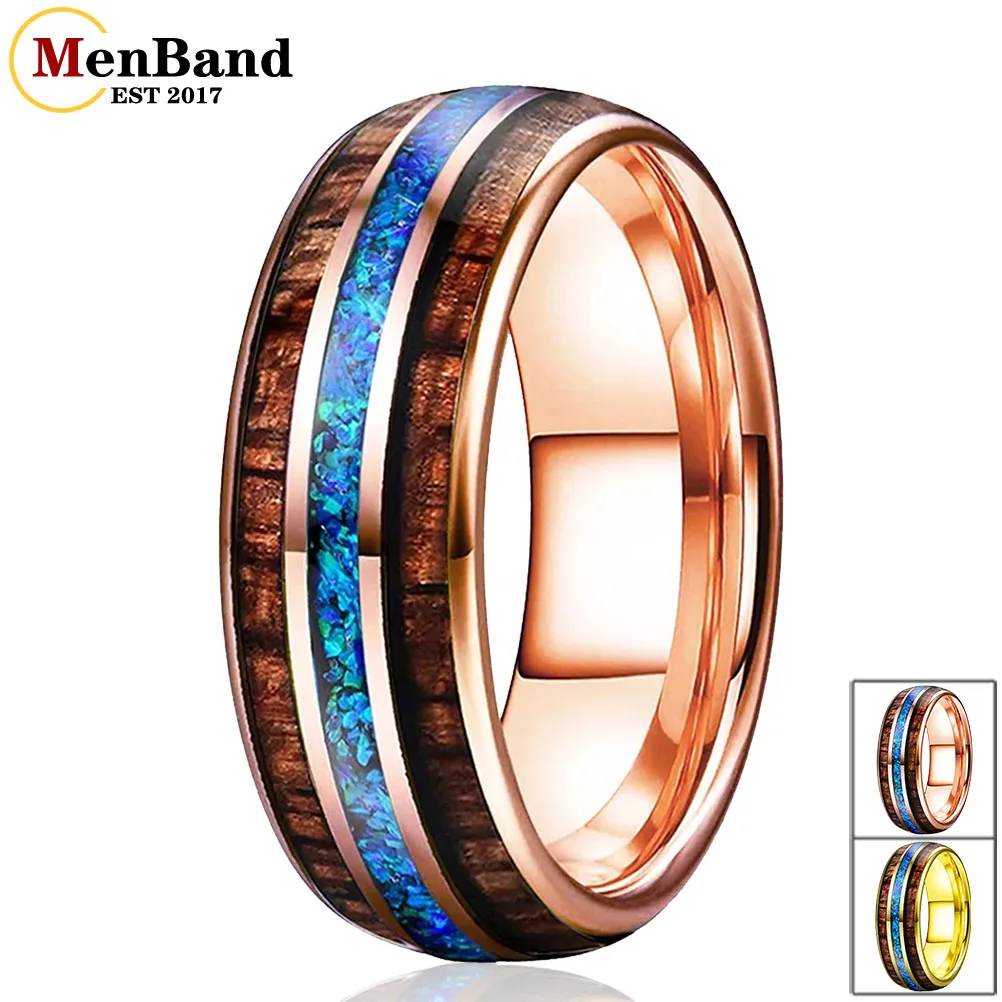 

MenBand Fashion 8MM Men Women Tungsten Carbide Wedding Ring Blue Opal And Koa Wood Inlay Dome Polished Comfort Fit Size 6-15