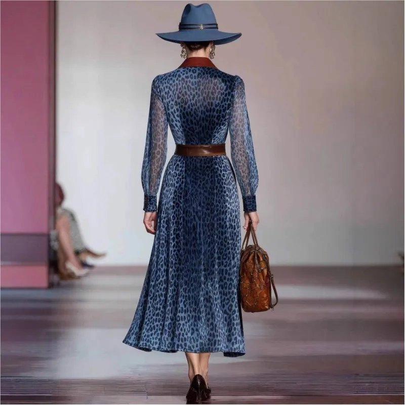 Robe chemise imprimée léopard bleu pour femmes, manches longues transparentes, col contrasté, ceinturée, robe mi-longue élégante, robe de soirée au bureau, automne