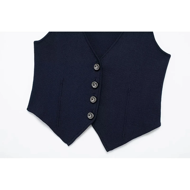 YUEYANG Women Fashion Chic Navy Blue Plain Knit Short Vests Female Buttons V-Neck Sleeveless Sweaters Ladies Knitwear