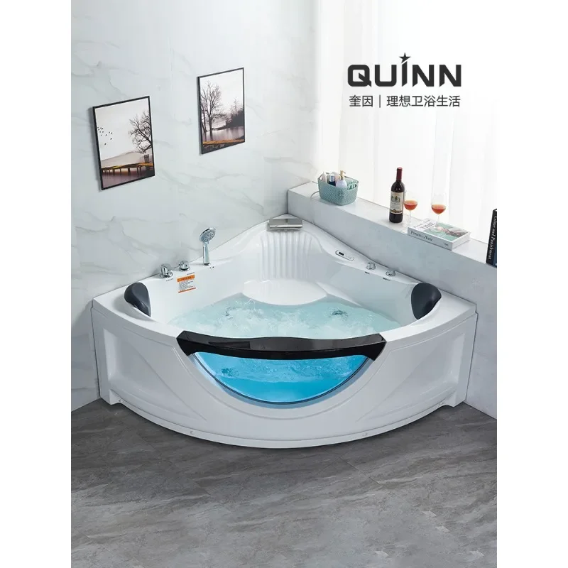 High-end home adult fan-shaped large glass jacuzz couples double fun bath triangle tub.