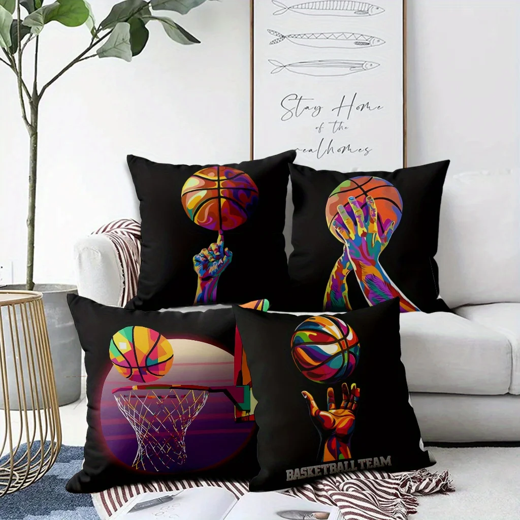 4pcs Pop Art Basketball Throw Pillow Covers, Colorful Basketball Hand & Hoop Print Cushion Cases, Basketball Fan Home Decor