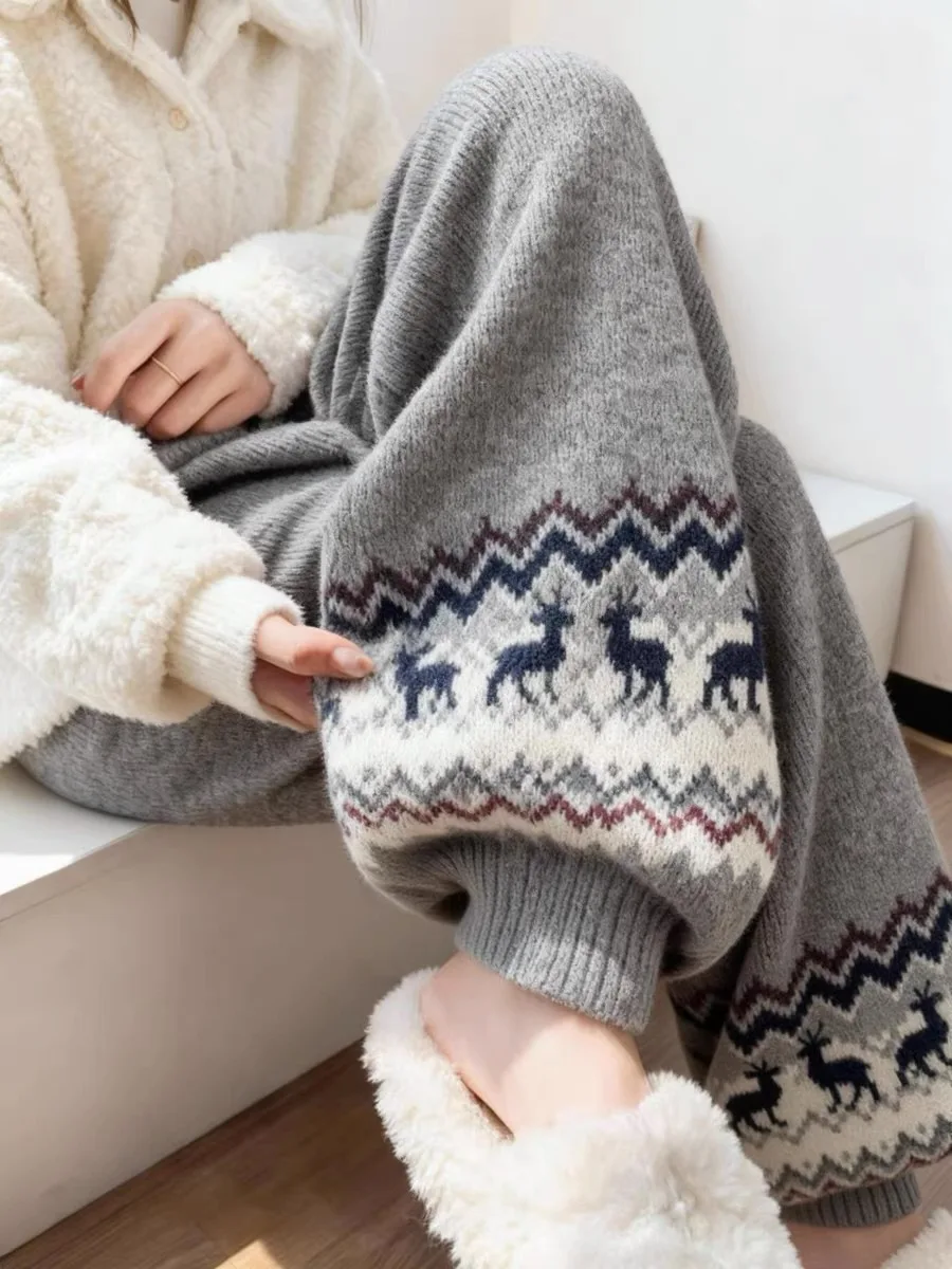 

Thiened Knitted Pants Women's Casual Autumn Winter Warm ey Fair Isle Patterned Trousers Comfortable Loose Fit Leisure Pants