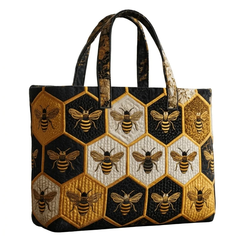 Quilted Travel Tote Bag, Vintage Honey Bee Hexagonal Honeycomb Embroidery Print Handbag, Large Capacity Reusable Shoulder Bag