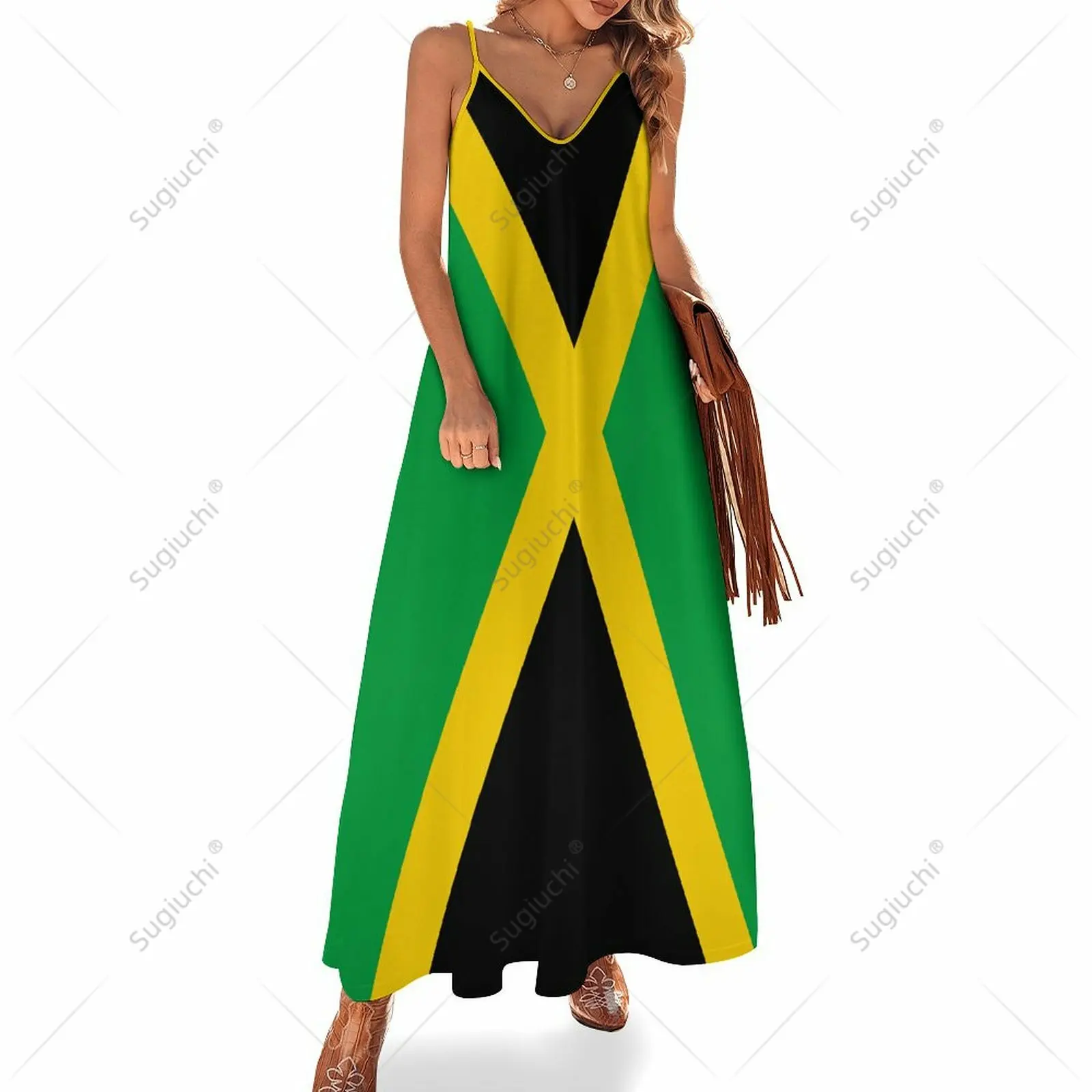 Long Dresses Dress Jamaica Flag Print New Casual Sleeveless Women's V-Neck Printed Dress Swing Retro Dresses