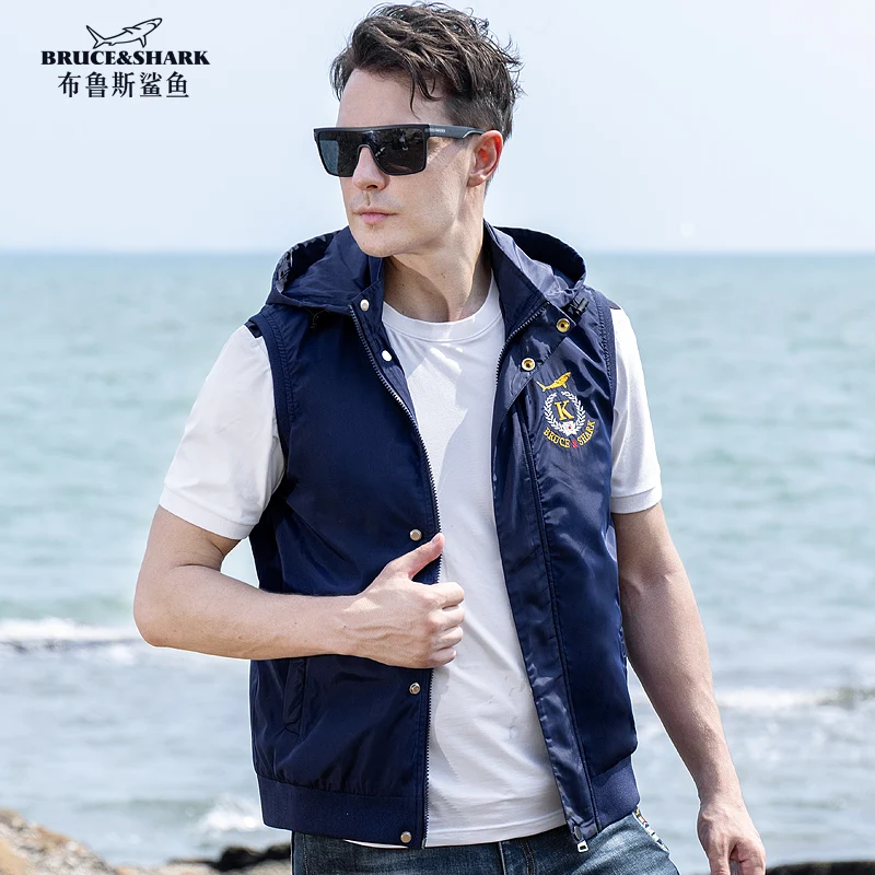 2024 Autumn Men's Vest Thin fabric Hooded Jackets Bruce&Shark Fashion Men's Black Shoulder Vest Zipper Men's Clothing Coats Big