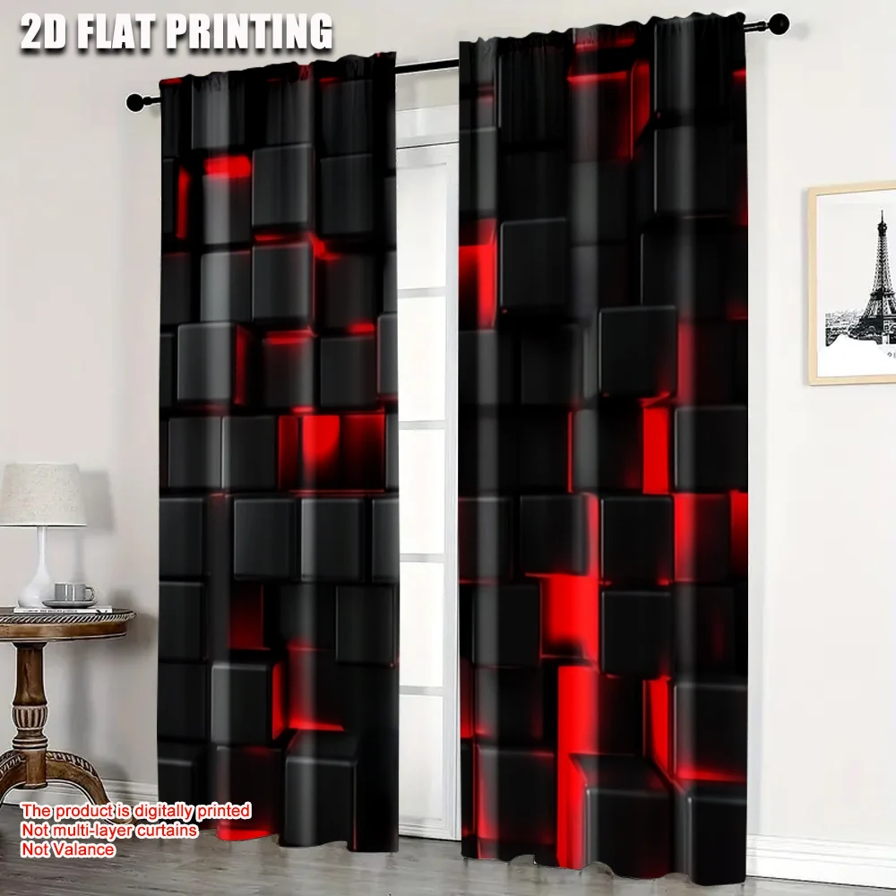 2pcs, 2D flat printing Curtains Abstract Cubes Red Black Art Durable Polyester,Without Electricity Versatile Use for polyester