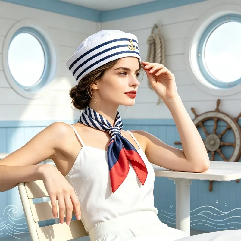 Yacht & Masquerade Essential Nautical Costume Kit – Blue Striped Sailor Hat and Bandana, Great For Themed Event Photo Decoration