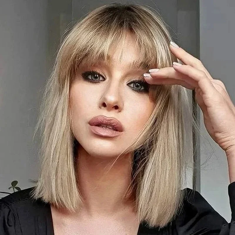 Human Hair New Fashion Women& # 039;s Long Natural Brown Mix Blond Wigs 12 In