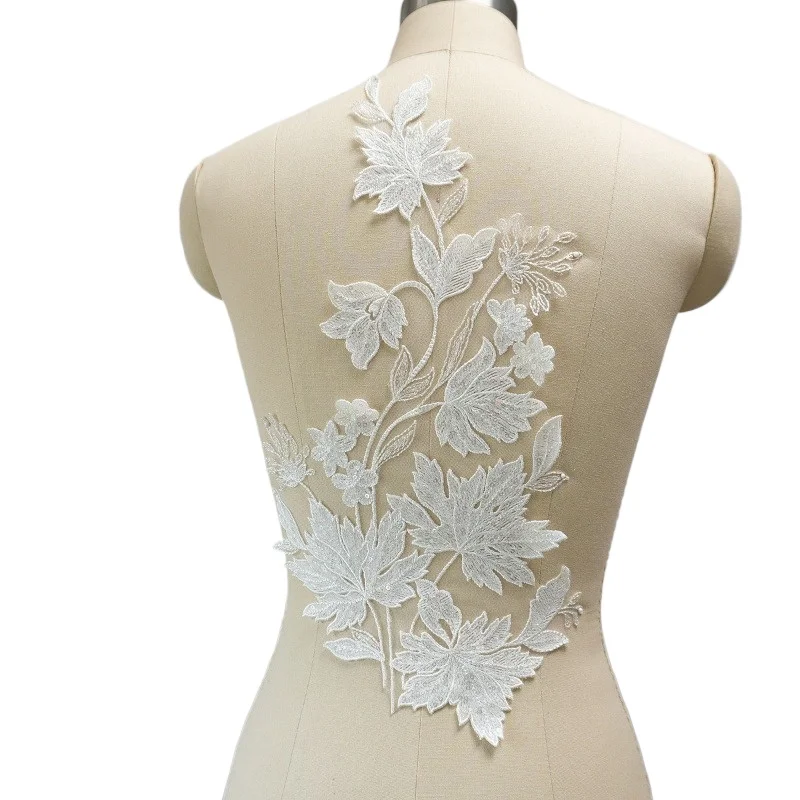 2pc=1Pair Maple Leaf Beaded Sequin 3D Decals Mirror Flower Lace Fabric Evening Dress Front Chest Back Applique Patch Decoration