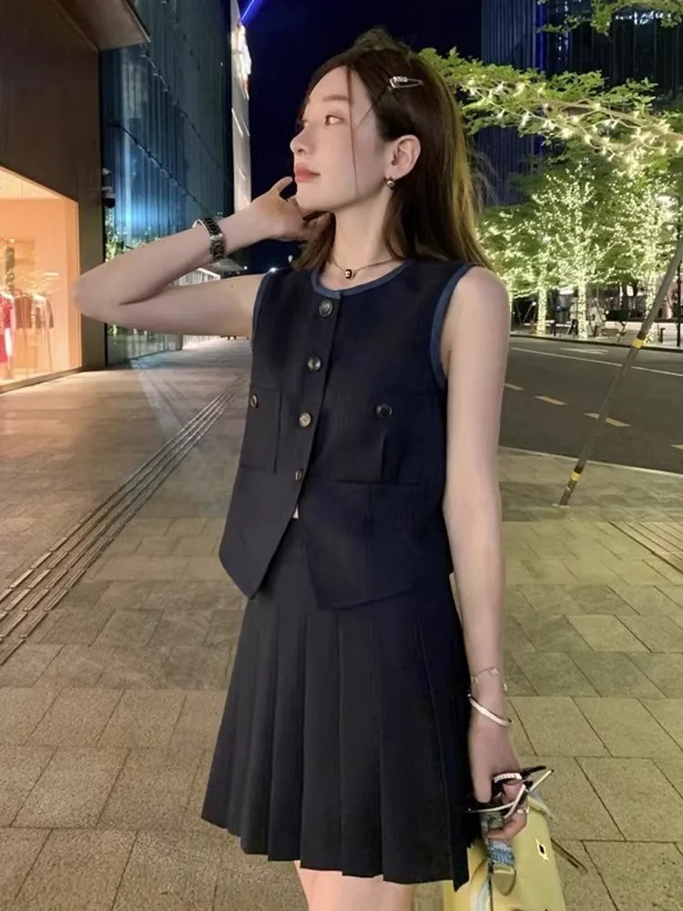 2024 Korean Commuter Contrast Color Suit Women Summer Slim-Fit Blazer Vest Top+High Waist A-Line Pleated Skirt Pants 2-Piece Set