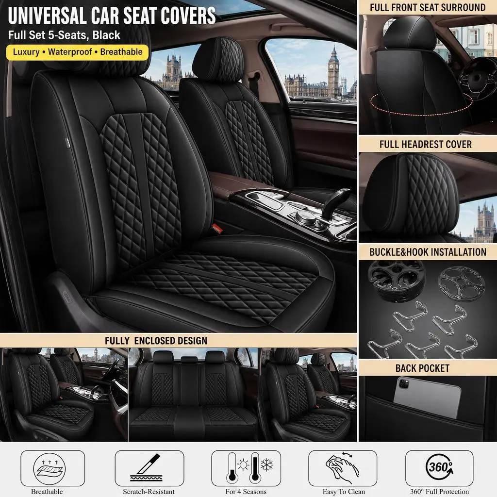 Universal Car Seat Covers Full Set 5-Seats, Black Waterproof Breathable Luxury Faux Leather Car Seat Cushion Protector For Sedans Small Cars, NOT For Pickup Trucks
