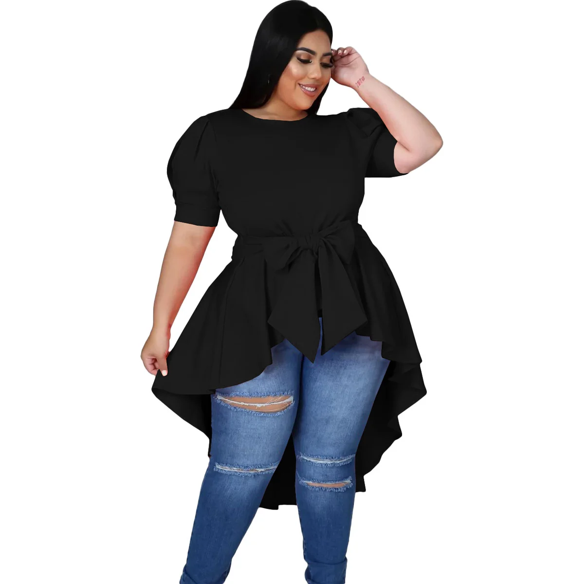 Women\'s Plus Size Dresses Fashion Bow Irregular Dress Elegant Solid Color Large Size Female Short Sleeve T-shirt Casual Commuter