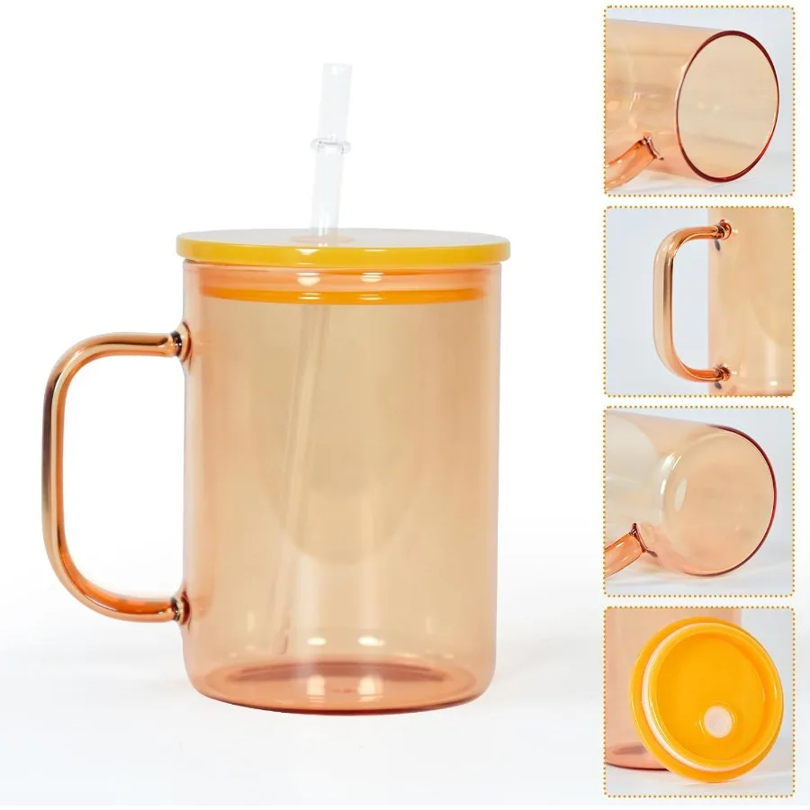 فراغات زجاجية للتسامي سعة 15 أونصة مع غطاء ملون وقش، 25 عبوة من أكواب زجاجية للتسامي بمقبض، بوروسيليكات قابلة للتسامي #5