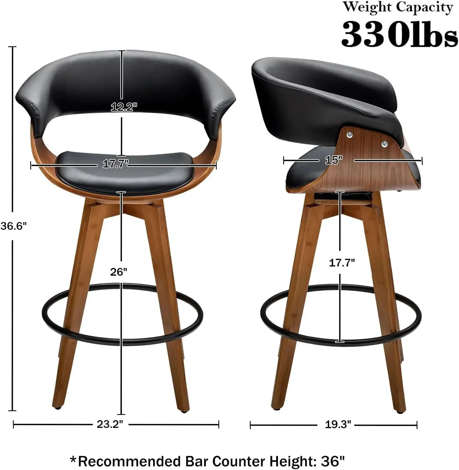 Leather Bar Stools Set of 2,Counter Height Bar Stools,26 Inch Swivel Bar Stools with Hollow Back and Wooden Legs,Modern