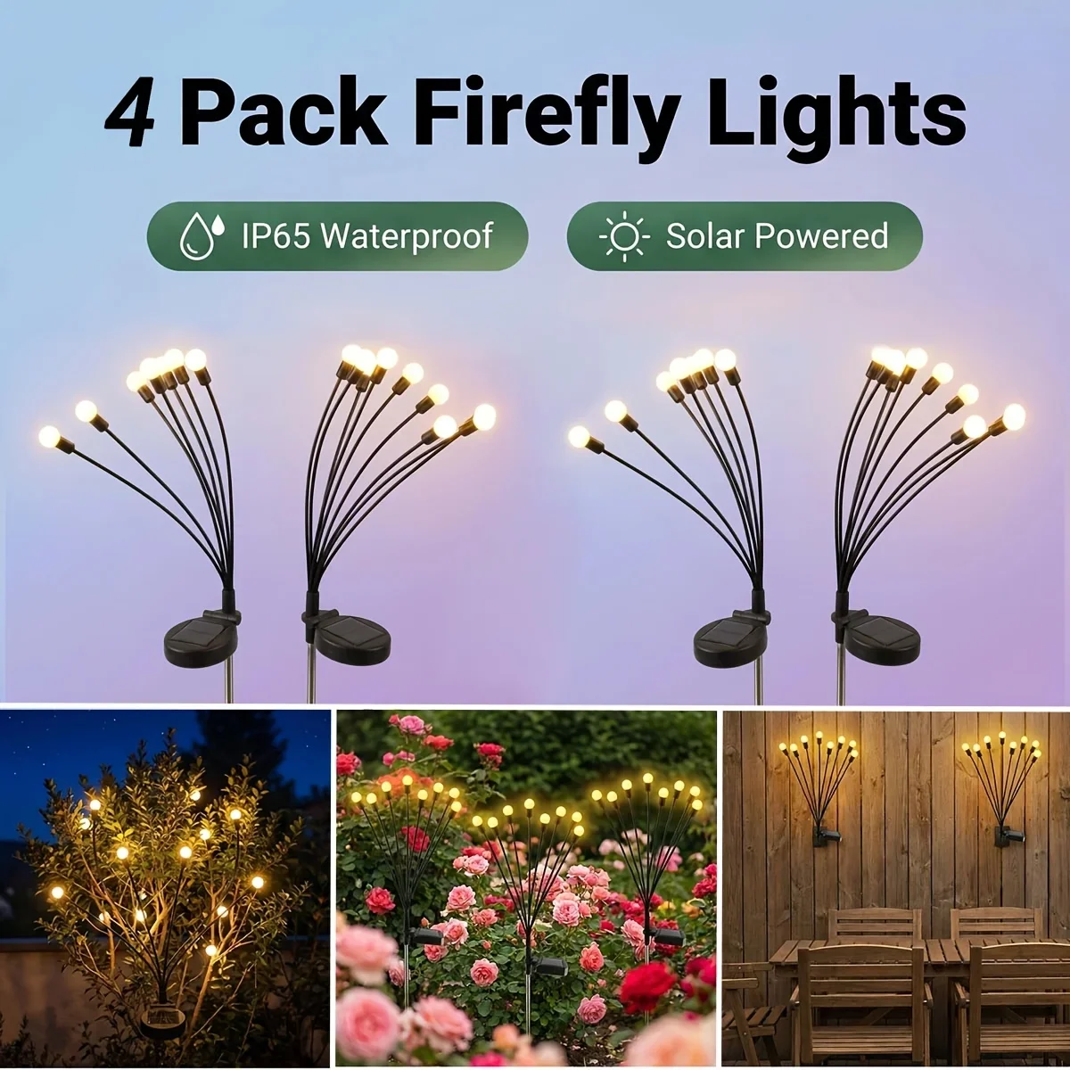 4pcs Solar Garden Lights IP65 Solar Artificial Firefly Light Outdoor Landscape Decoration with Light Sensor for Yard Patio Party