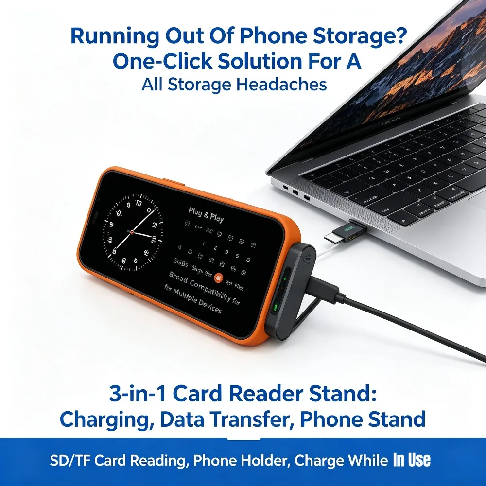3 in 1 USB C Card Reader Phone Stand TF Micro SD Passthrough Charging Fast Transfer for iPhone iPad Android Phone