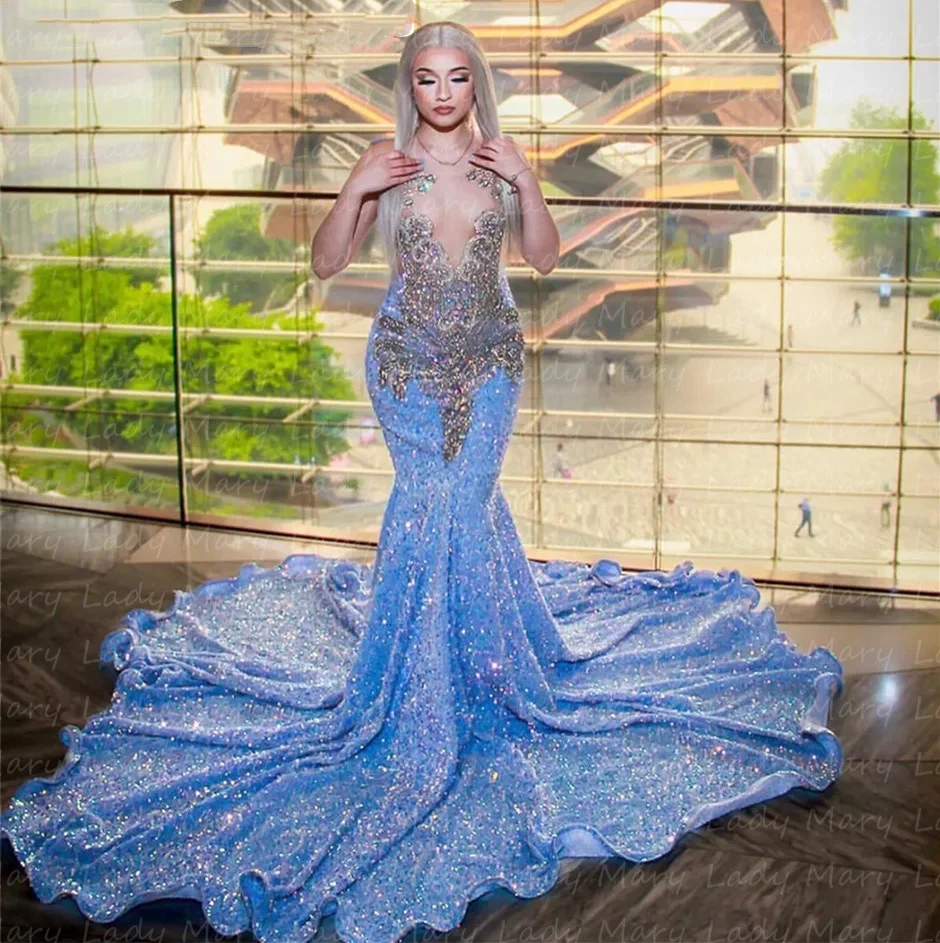 

Customized Luxury Crystal Rich Girl Prom Dresses Blue Sequins Mermaid Glitter Formal Evening Gowns Met Gala Vestido De Noche