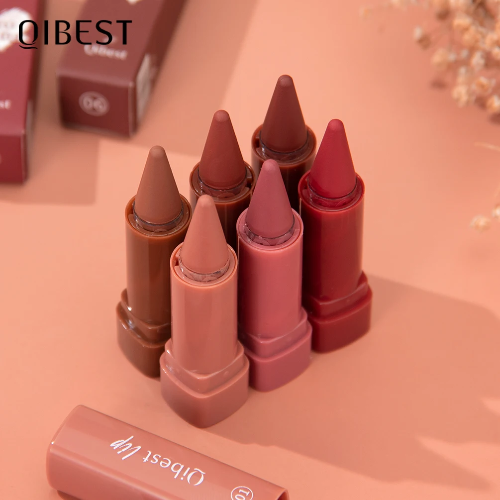 QIBEST6 Farbe, langlebig, einfach zu färben, matt, Wirbel-Lippenstift, Bleistift, natürlich, wasserfest, Schweiß-Lippenstift, Lipliner