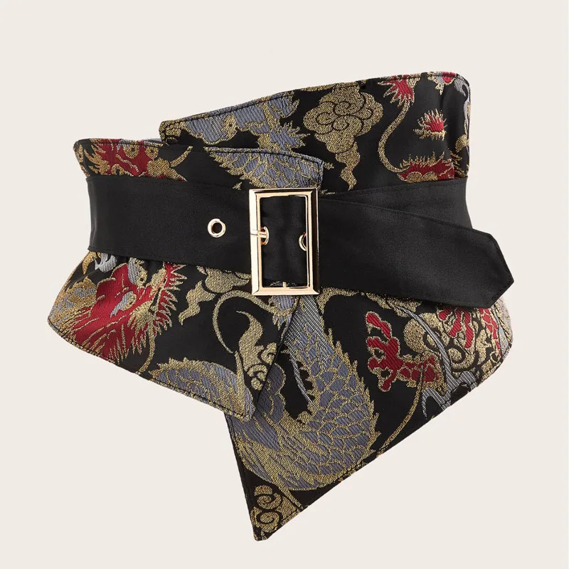 Elastic Embroidered Wide Belt for Women Dress Ethnic-style Stretch Corset Cincher Belt Waist Band with Buckle