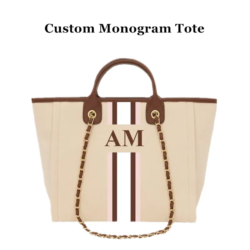 

Customize monogramCanvas Tote Bag Cream with Dark Brown Handles striped Big Mama and mini size canvas handbag travel bags totes