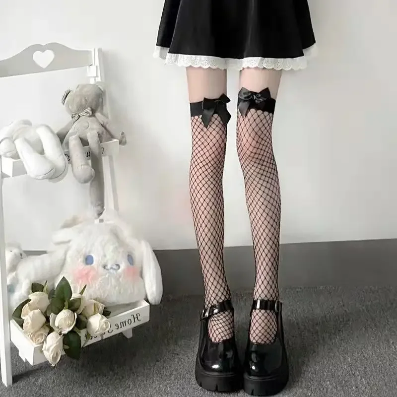 Calze a rete con fiocco Sexy da donna calze alte sopra il ginocchio calze lunghe in Nylon calze Punk Anime Lolita dolce JK costumi per ragazze