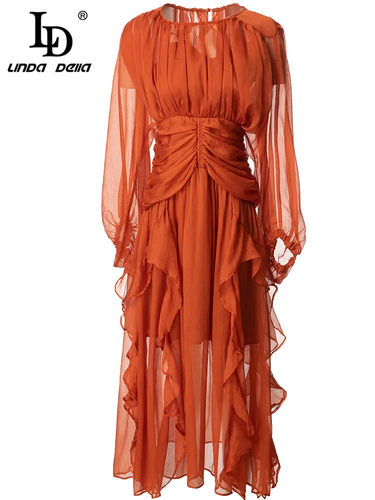 

LD LINDA DELLA 2023 Fashion Runway Spring Dress Lantern Long sleeves high waist shirring ruffles trim hem solid Midi Dress