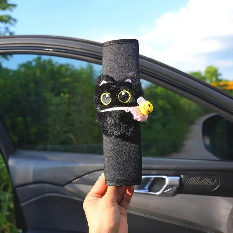 Cute Black Cat Plush Car Seat Belt Cover Soft Fabric Perfect For Daily Driving Car Decor