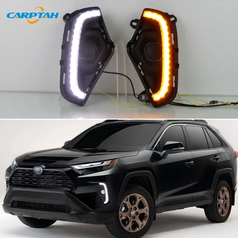 Car LED DRL 12V Daylights For Toyota RAV4 2023 Yellow Turn Signal Daytime Running Headlamps Auto Driving Lamp Foglamps