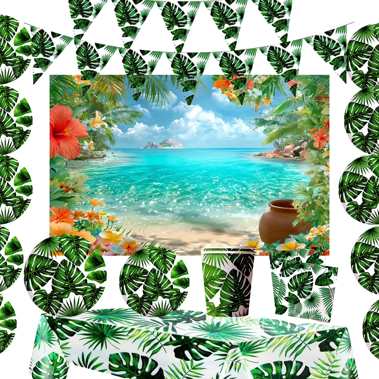 

Summer Hawaii Beach Theme Party Decoration Palm Leaves Tablecloth Cup Plate Banner Background Beach Pool Party Photography Props