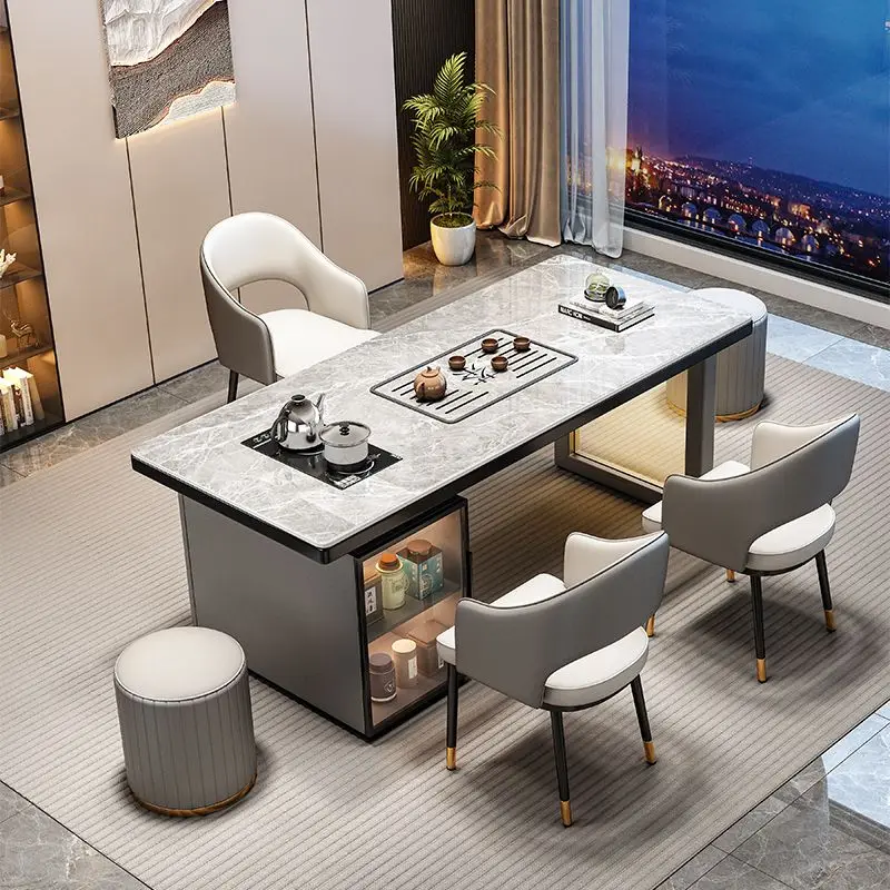 

Light luxury rock slab tea table and chair combination small apartment new rectangular modern simple Internet celebrity office