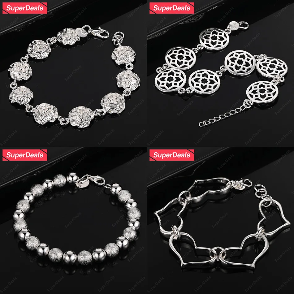 

SuperDeals 925 Sterling Silver Flower Beads Heart Round Hollow Pattern Bracelet For Women Engagement Party Gift pretty Jewelry