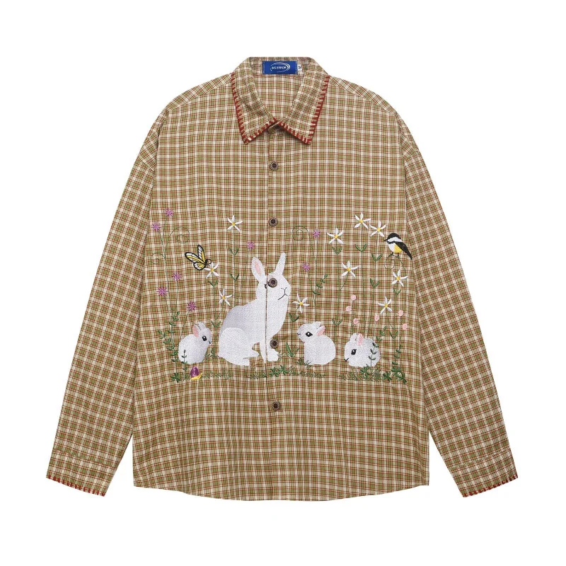 

MAQVOB EU US Size High Quality Spring Autumn Rabbit Embroidered Plaid Long Sleeve Shirt Unisex Loose Casual Versatile Shirt
