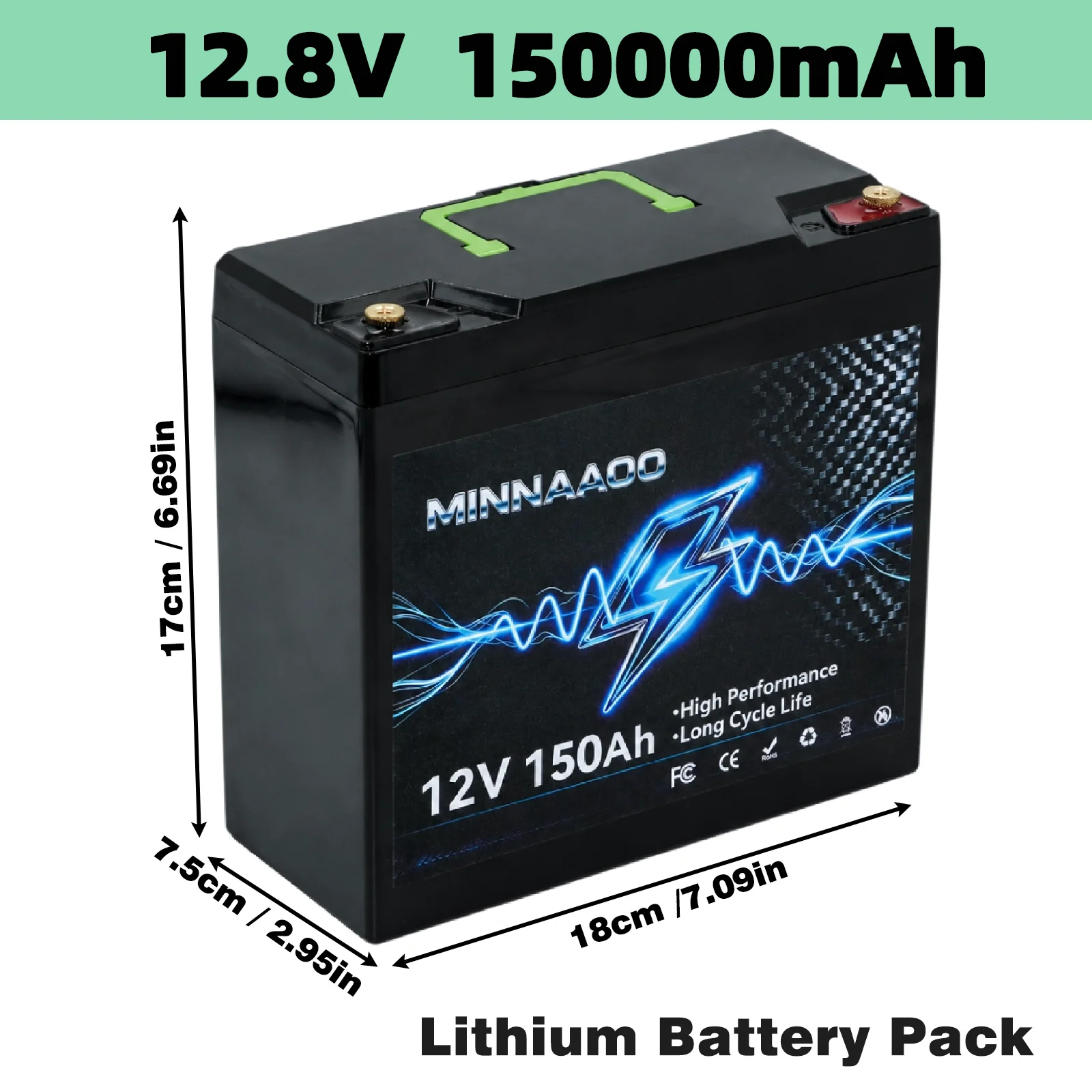 12V 150Ah LiFePO4 Solar Battery Deep Cycle Rechargeable Built-in BMS Lithium 150000mAh for Power Wheels Scooters Fish Finder