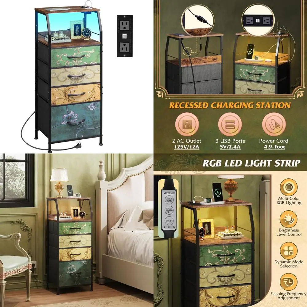 

Комод для спальни с 4 ящиками, 37 тумбочками, зарядной станцией, светодиодной подсветкой и высокой прикроватной тумбочкой, вариант торцевого столика