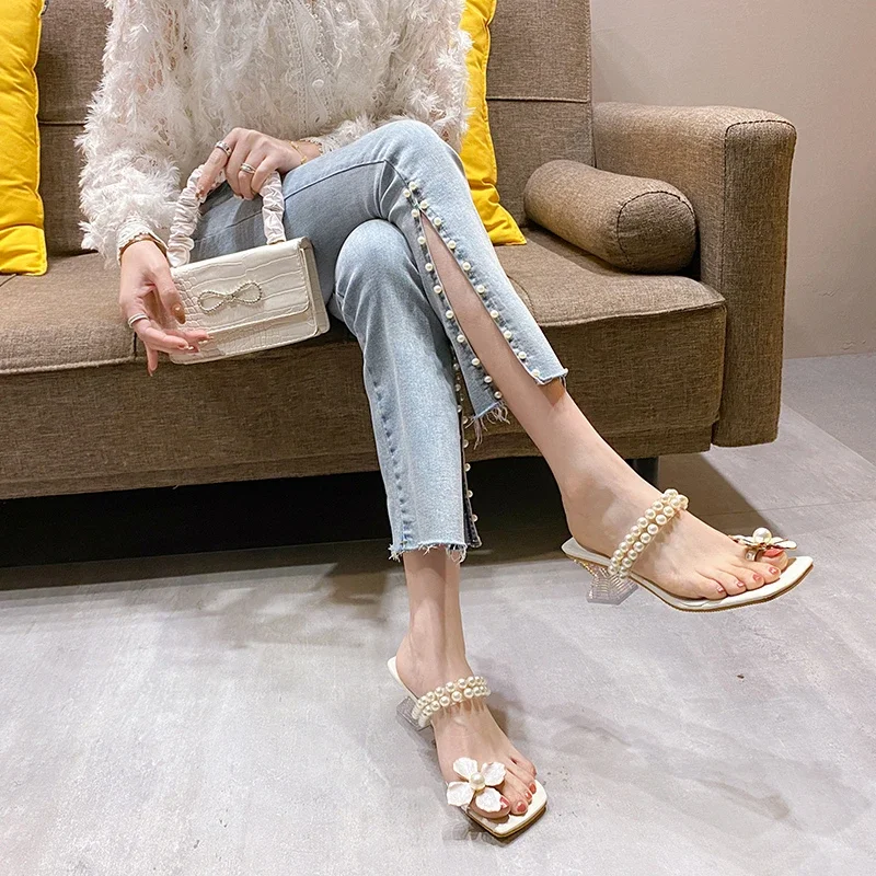 New Summer Mid Heels Fashion Pearl Women Slippers Shoes Flower Flip Flops Dress Sandals Woman Bohemia Casual Ladies Sandalias