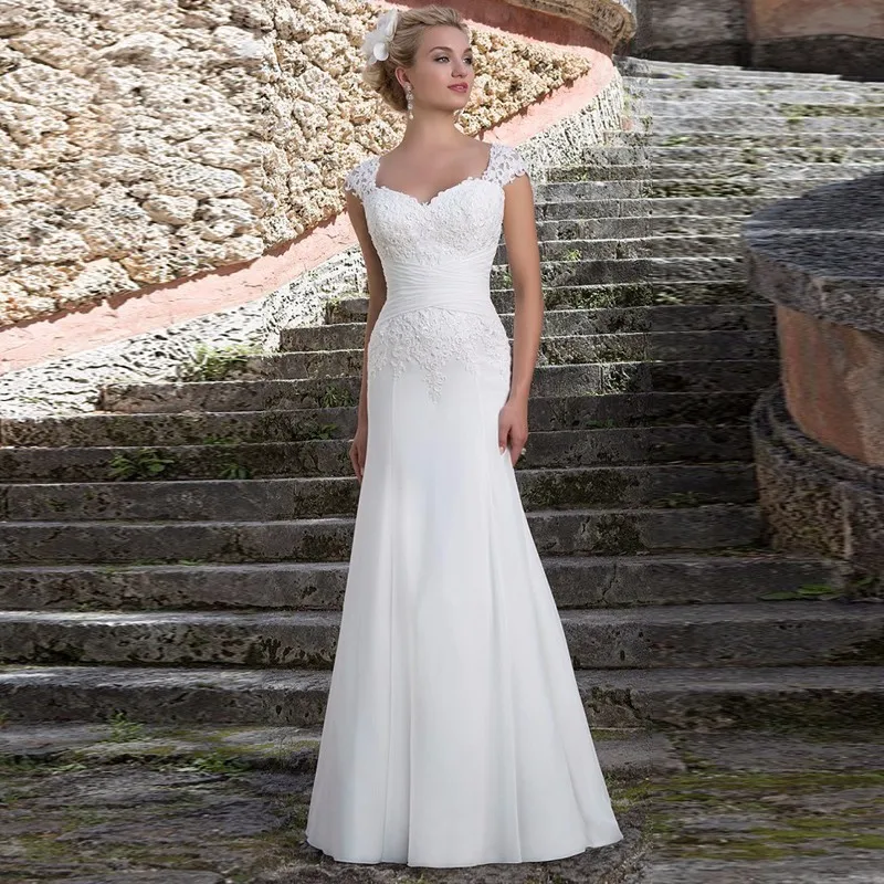 ZIBUYU élégant encolure carrée Cap manches dentelle brodée Satin robes De mariée Simple longueur De plancher robes De Novia personnalisé