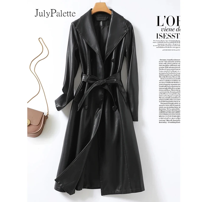 Julypalette M-5XL Fashion Turn Down Collar Women Long Sleeve Belt Sheepskin Outwear 2022 Fall Split Leather Long Trench Coats