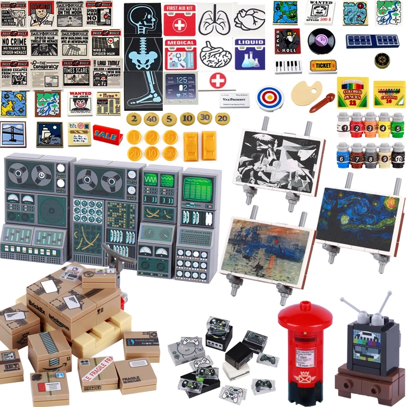 MOC Scene Printing Building Blocks Computer Controller Audio Oil Mural Painting Express Box Forklift Game Weapon Board Brick Toy