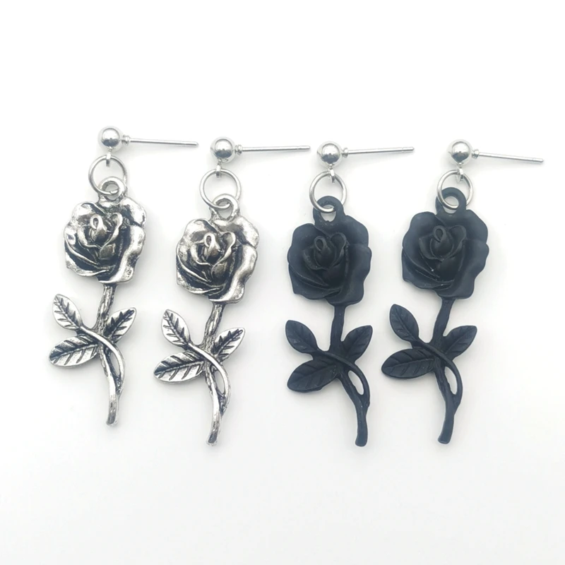 

Gothic Punk Earl Flowers Black Silver Colour Rose Dangle Earrings for Women E Boy Girl Cool Earrings 90s Aesthetic Accessorie