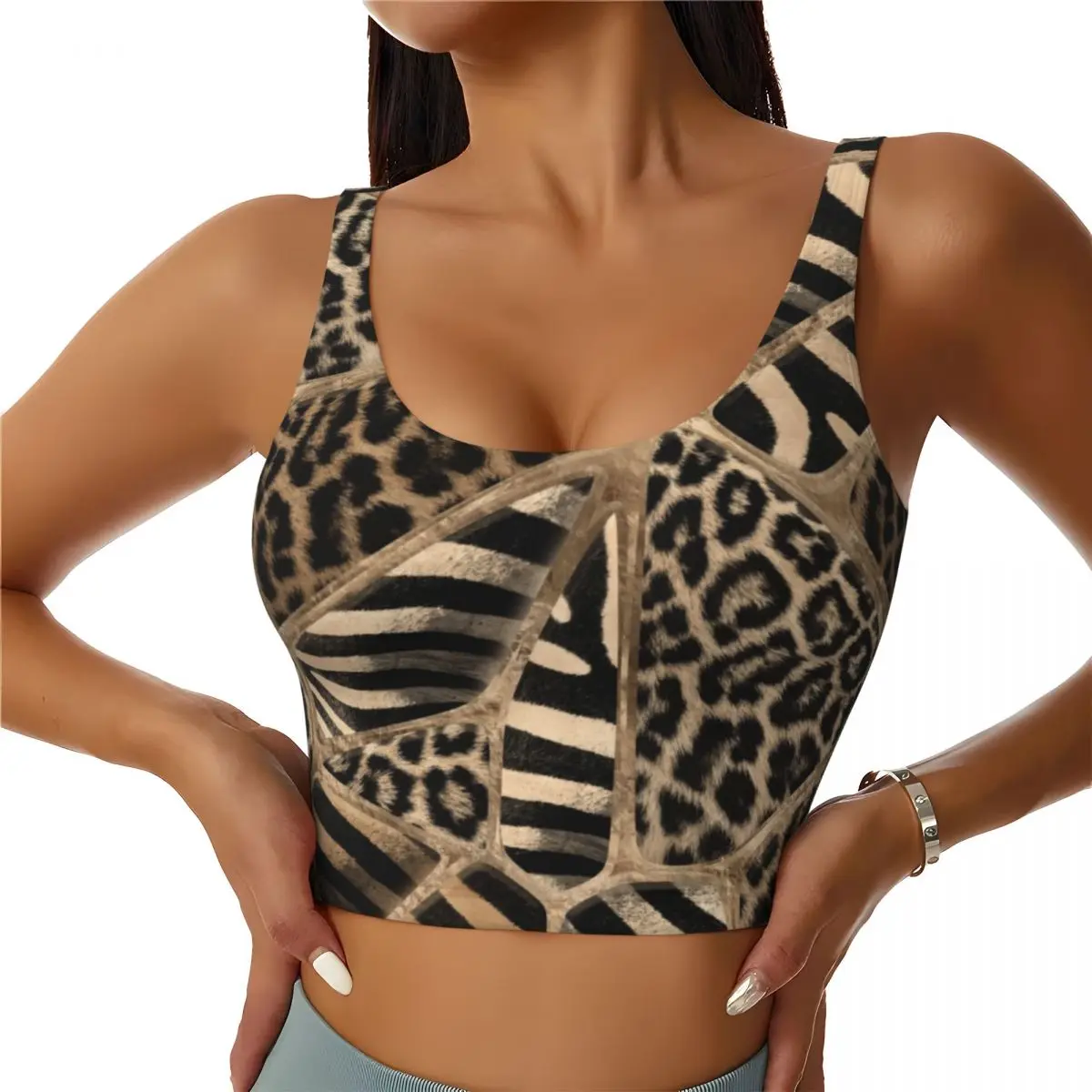 Custom Leopard And Zebra Ethnic Tribal Ornaments High Impact Sports Bras Leather Texture Seamless Workout Running Crop Tank Tops