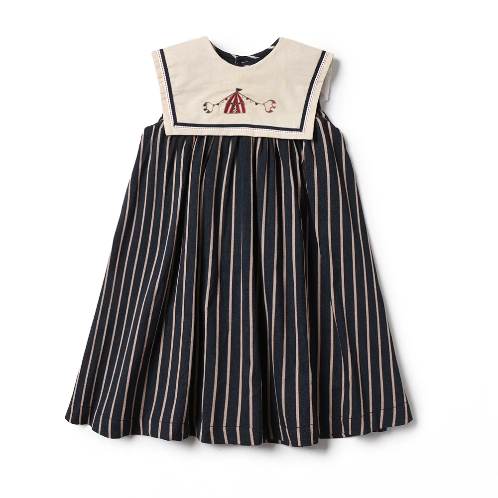 2024 Summer Dresses Set for Girls Kids Hand Made Embroidery Sleeveless Stripes Print Dress with Bloomers Children Clothes Outfit