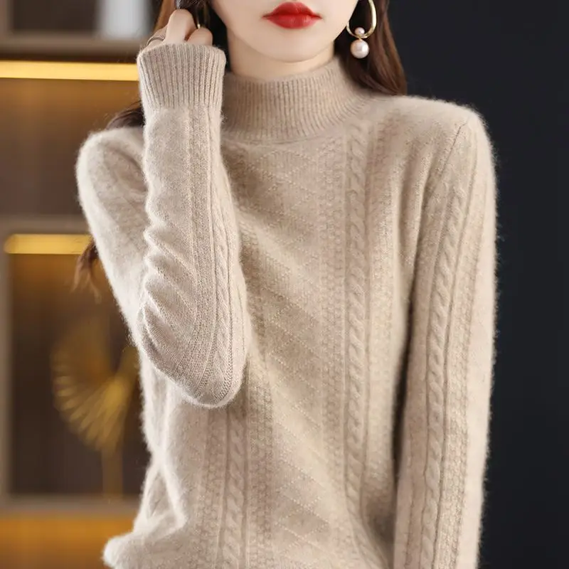 

Autumn and Winter Women's Pullover Half High Neck Solid Geometric Screw Thread Long Sleeve Sweater Knitted Bottom Fashion Tops